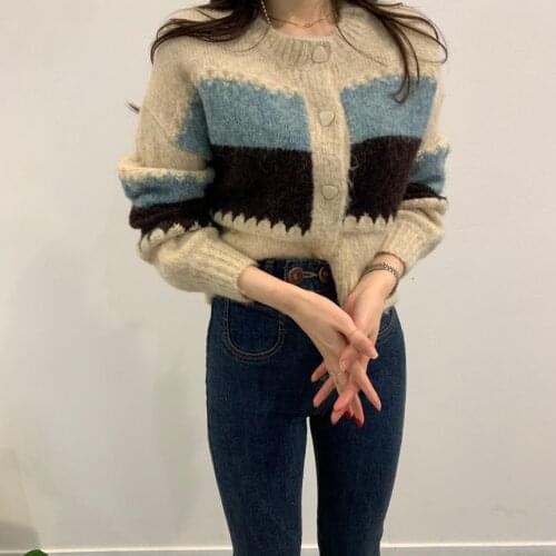 Patchwork Winter Sweater Women Single Breasted Knitted Jumpers Thick Korean Long Sleeve Knitted Cardigans Elegant Harajuku Z914