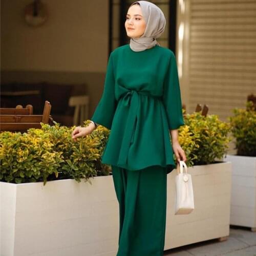 Womens Muslim Solid Color Summer Wide-leg Pants Dress Middle East Dubai Two-piece Top And Wide-leg Pants Suit Without Headscarf