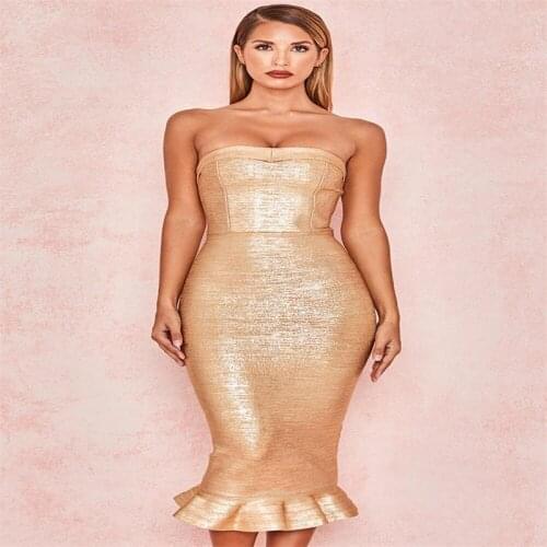 Europe and the United States autumn new gold tube top strapless Slim sweet sexy fashion temperament bandage fishtail dress eveni