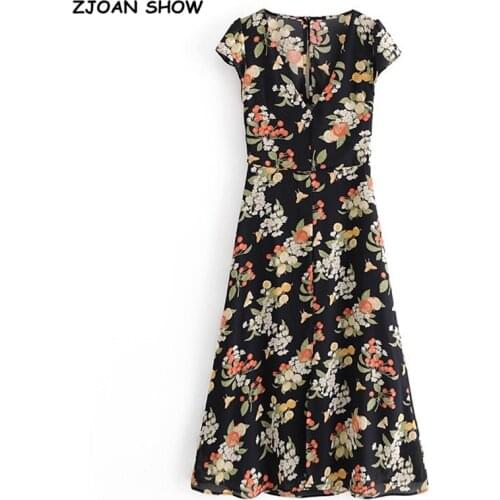2021 Retro Short Sleeve Floral Print Backless Dress for Woman Hollow Out Back Hem Slit Midi Dresses Holiday