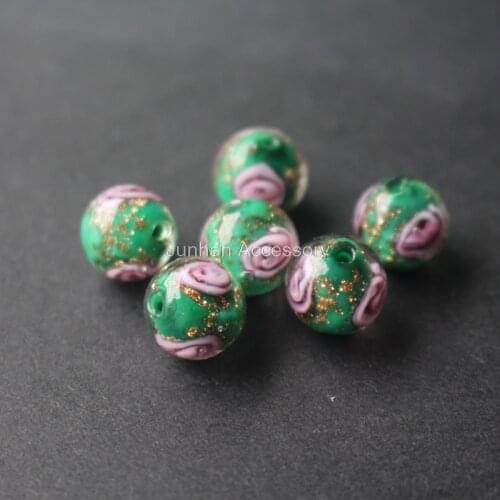 10Pcs/Lot 10mm 12mm Handmade Lampwork Flower Beads Green Color With Gold powder Japanese Style for jewelry