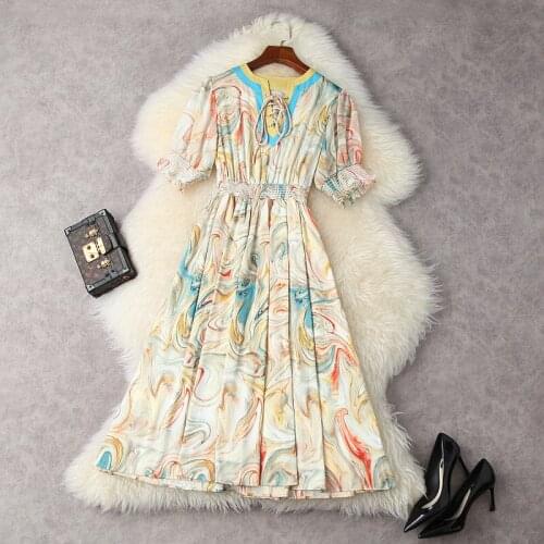 2021 Summer Woman Clothes Lace-up Round Neck Lantern Sleeves Slim Elastic Waist A-Line Casual Elegant Printed Dress Midi S-XL