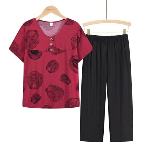 2021 New Fashion Summer Sleepwear Flower Stripe Printing Woman Colorful Pajama Loose Short Sleeve Casual Plus Size Home Wear Red