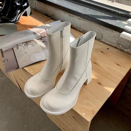 Botas Mujer Retro Patent Genuine Leather White Mid Boots for Women Brand Designer Chunky High Heel Autumn Winter Short Booties