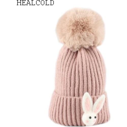 Children Cute Hat Kids Baby Warm Winter Wool Hat Knit Beanie Fur Pompom Hat Boys Girls Cap Skullies 3-8 years