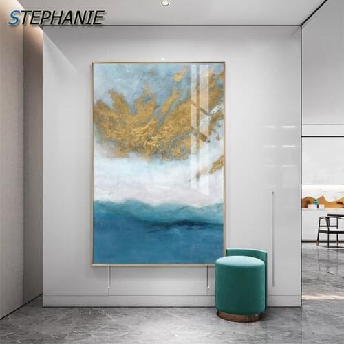 Luxurious Golden Blue Painting Abstract Pictures Modern Canvas Art Nordic Sea Poster Print for Living Room Wall Mural Deocrative
