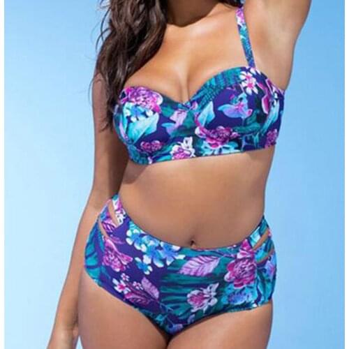 Plus Size Big Cups Swimwear Bikini Set Women Two Piece Floral Swimsuit High Waist Hollow Out Padded Bather Biquini