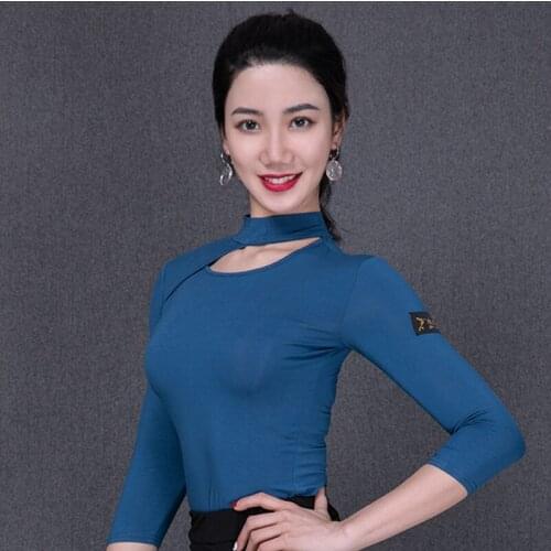 Latin Dance Tops Lady Dancing Shirts Round Neck Hollow Show Female Adults Samba Practice Clothes Mid Sleeve Salsa Costume DN3628