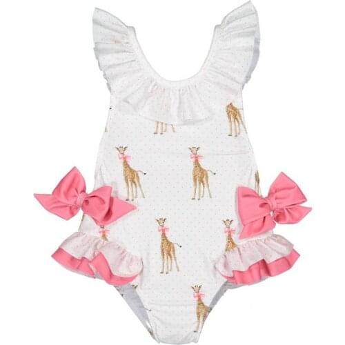 Summer Girl Swimwear With Hat Children Cartoon Giraffe Bow Kids Cute Swimsuit Clothing 2-7Y E6018