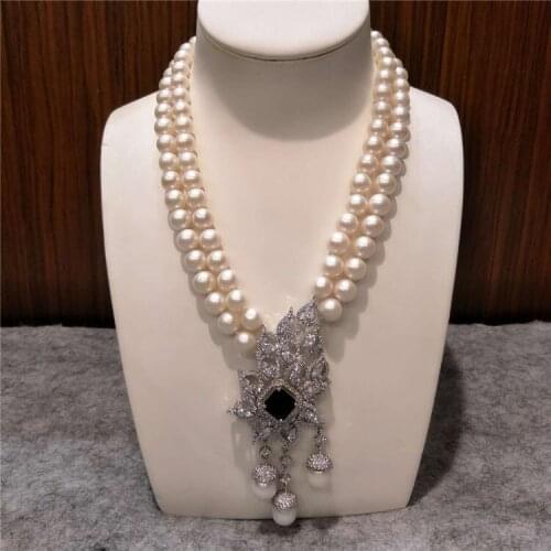 Hot sell fancy 8-9mm nearly circular white natural freshwater pearl multilayer sweater chain necklace fashion jewelry
