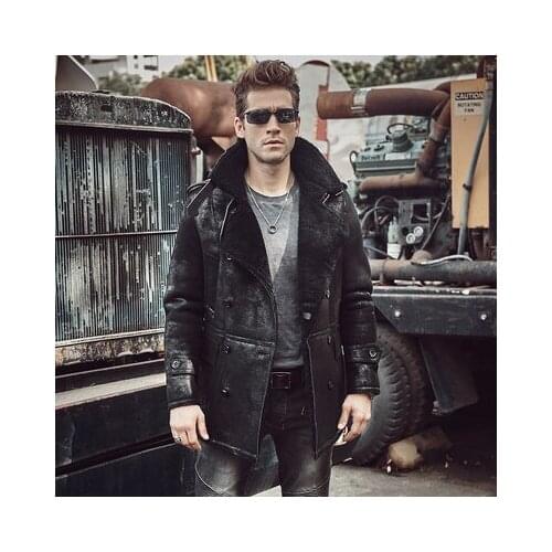 Mens Shearling Sheepskin Genuine Leather Long Fur B3 Bomber Coat Jacket Mans Thick Winter Warm Coat Aviator Outerwear Trench