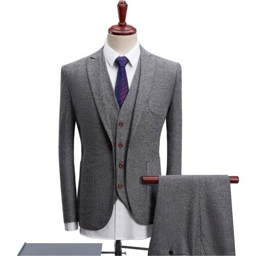 Mens Suits Grey 2019 Three Pieces Wool Groom Tuxedos Shawl Lapel Business Suits For Wedding Evening(Blazer+Vest+Pants)Plus size
