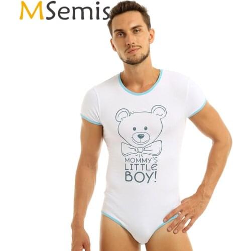Mens One Piece Body Lingerie Naughty Press Button Crotch Printed Teddy Bodysuit Sissy Cute Sexy Leotard Babydoll Catsuit Pajamas