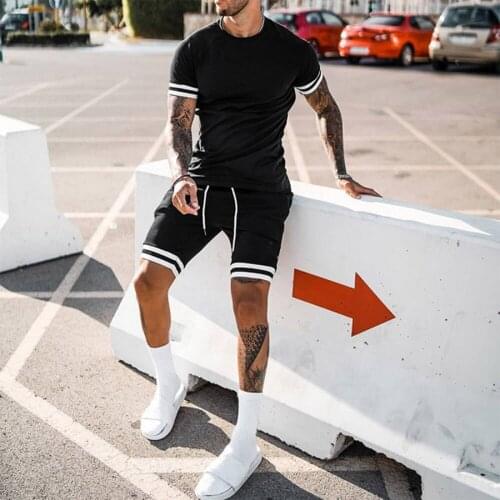 New Men Casual Shorts Sets 2021 Summer Short Sleeve T Shirt +Shorts Stripe Male Tracksuit Set Mens Clothing 2 Pieces Sets