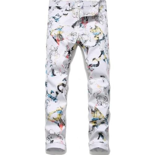 New Mens male casual flower character 3D printed white jeans Fashion slim fit stretch denim pants trousers