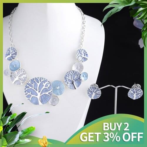 MeiceM 2021 New Design Tree of Live Pendant Necklaces for Women Enamel Necklace Set Alloy Chain Choker Necklace Jewelry Gift