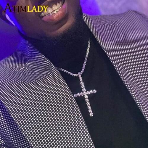 Wholesale Iced out bling women girl jewelry hiphop bling 5A cubic zirconia cz tennis chain 30*50mm cross pendant choker necklace