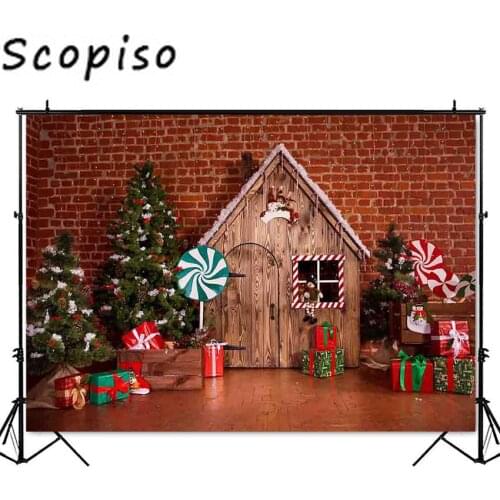 Scopiso Christmas house Backdrop for photography Retro Vintage Red Brick Wall Booth Background Christmas Tree gifts Decoration
