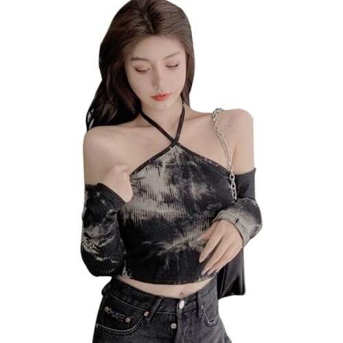 Womens One-shoulder Halter Neck Tee Shirt Long-sleeved Tie-dye Autumn Polyester Tshirt Tops