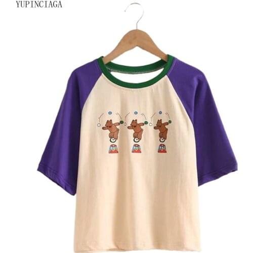 2020 New Circus Series Childlike Cute Print Three Bears Loose Round Neck Raglan T-shirt Girls Short Sleeve Basic Tee Tops