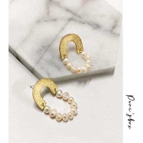 PerisBox Pearl Arch Brass Gold Geometric Earrings Small Beaded Pearl Drop Earrings for Women Half Circle Dainty Earrings 2019