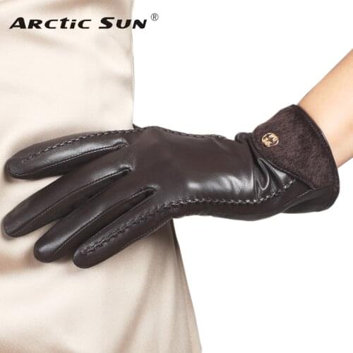 Top Fashion Goatskin Solid Genuine Leather Gloves Women Wrist Fur Adornment Winter Sheepskin Glove Fleece Lining Limited L148NQ