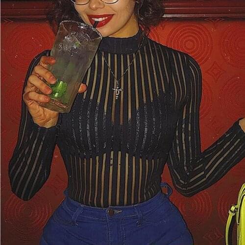 2019 New Black Sprited Print Sexy Mesh Bodysuit Skinny Mock Neck See-Through Long Sleeve Spring Clubwear Elastic Ladies Rompers