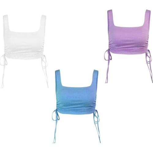 Women Sleeveless Slim Tank Crop Top Sexy Square Neck Ruched Drawstring Cami Vest X5XA