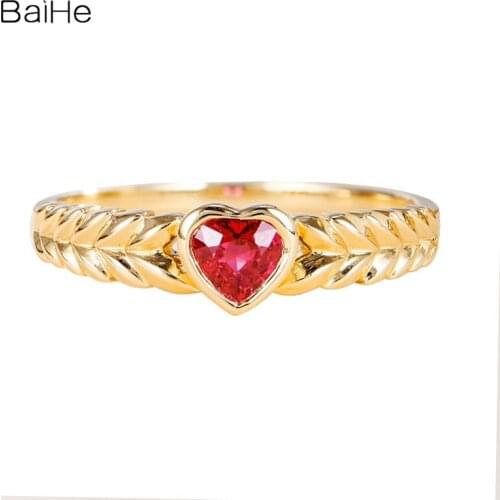 BAIHE Solid 14K Yellow Gold Certified 0.25ct Heart Cut Natural Ruby Wedding Ring Women Ring Fine Jewelry Gift Heart Ruby Ring