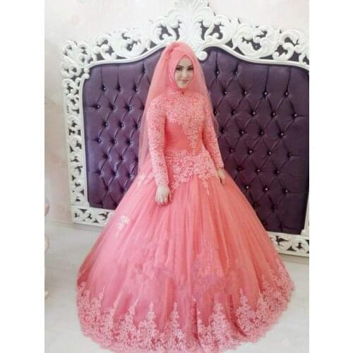 Ball Gown Muslim Wedding Dresses 2020 High Neck Pink Tulle Long Sleeves Appliques Beads Bridal Gowns Plus Size Vestido De Novia