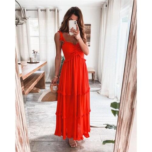 2021 Summer Solid Tunic Maxi Dress V Neck Robe Femme Elegant Ruffles Party Long Dresses Spaghetti Strap Casual Vestidos Mujer