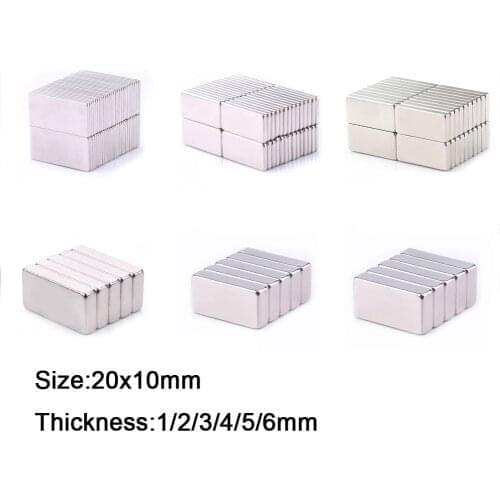 5pcs Rectangle Magnets 20x10mm Thick 1/2/3/4/5/6mm Neodymium Block Rare Earth Strong Craft Magnet N35