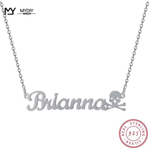 925 Sterling Silver Personalized Nameplate Letter Necklace Custom Name Pendant Russian Name Skull For friend Shiny Zircon