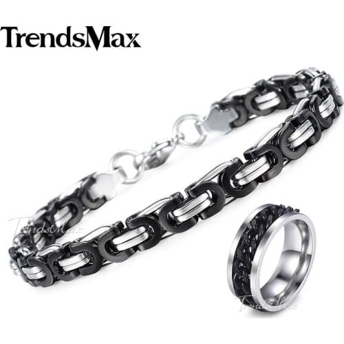 Black Mens Bracelet Ring Jewelry Set Stainless Steel Byzantine Link Chain Bracelet Wedding Ring for Men Fashion KB254 KR142