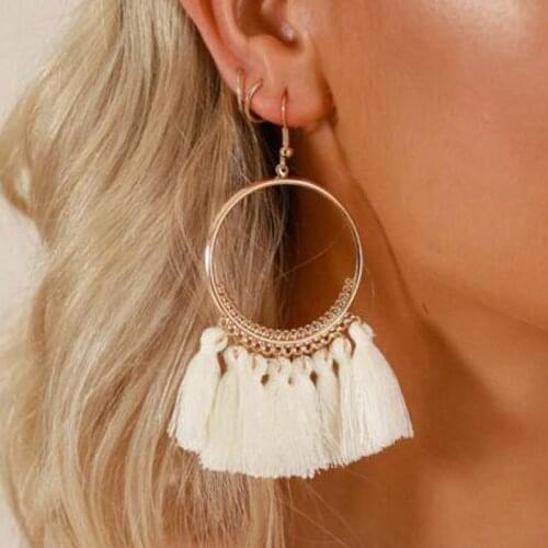 EK2134 Bohemian Ethnic Fringed Long Tassel Earrings for Women Golden Large Circle Dangle Hanging Statement Fan Shaped Earring