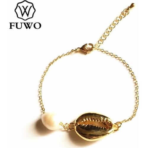 FUWO Natural Cowrie Bracelet with Gold Dipped Seashell Pearl Bracelet Jewelry Gift For Women BR510