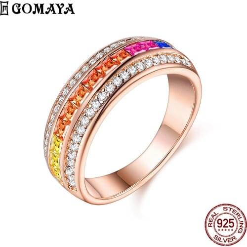 GOMAYA Ring For Women S925 Sterling Silver 2 Circles Small White And 1 Circle Colored Zircons Wide Rings Elegant Fine Jewelry