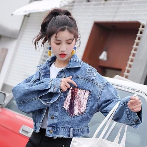 Women Spring Autumn Streetwear Korean Style Hole Jean Jacket Coat Female Sequin Casual Outwear Tops Short Denim Jackets Clothes