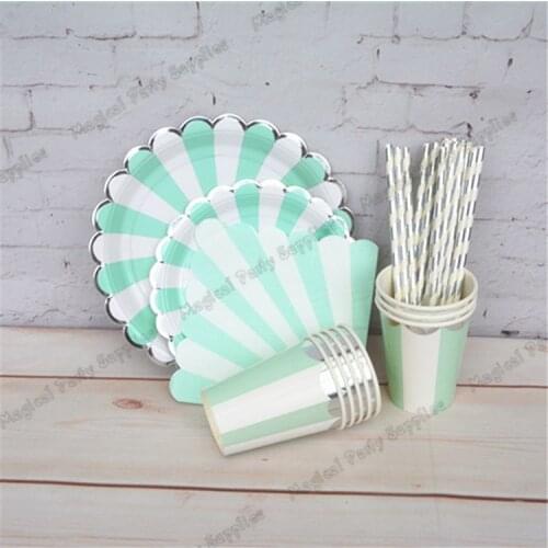 8 Sets Mint Blue and Silver Foil Tableware Paper Dessert Dishes Plates Cups Napkins Baby Shower Birthday Bridal Wedding Decor