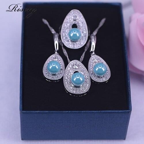 Romantic French style silver color pearl jewelry for women sky blue jewelry ring earrings necklace set for women