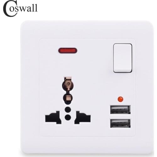 Coswall Wall Power Socket 13A UK Universal 3 Hole Switched Outlet 2.1A Dual USB Charger Port LED indicator