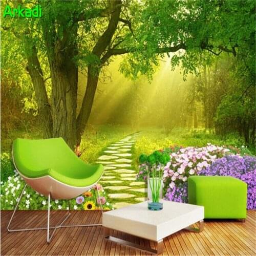 3d Modern Simple Green Tree Wall Painting Wallpaper Bedroom TV Background Wallpaper Idyllic Forest Butterfly Flowers Landscape
