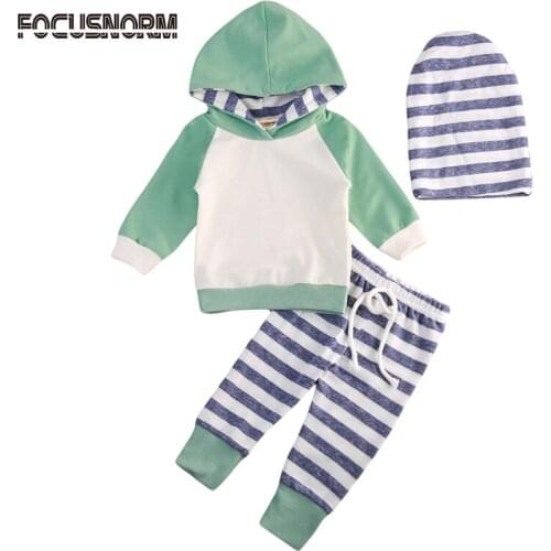 New Casual Newborn Toddler Baby Boy Girl Hooded Sweater Tops+Striped Pants Outfits Set Clothes