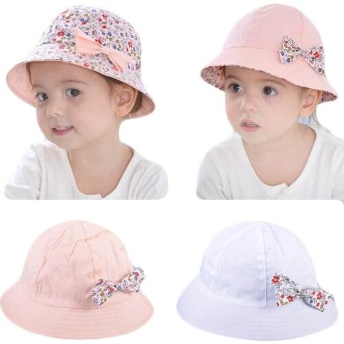 Summer Baby Girls Sun Hat Cotton Baby Hat Kids Child Cap Bowknot Flower Print Bucket Hat Double Sided Dual Use Bow Fisherman Hat