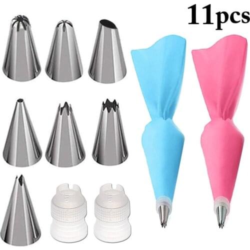 11Pcs/Set Silicone Pastry Bag Tips Kitchen Cake Icing Piping Cream Cake Decorating Tools Reusable Pastry Bags+7 Nozzle Set