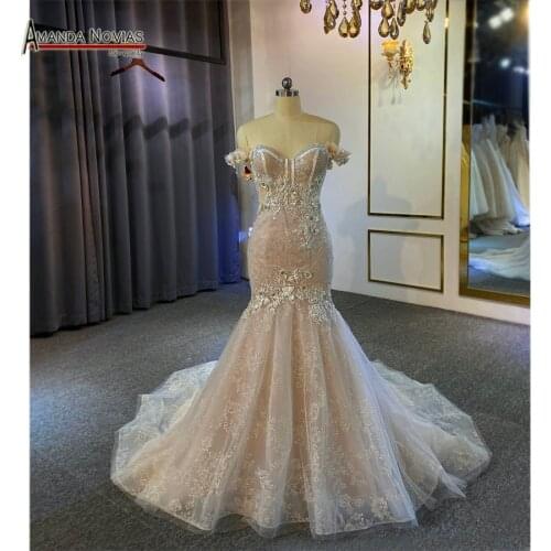 Off the shoulder straps mermaid wedding dress champagne color custom order