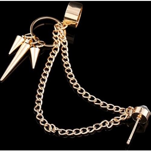 ZLDYOU Punk Style Jewelry Crystal Ear Cuff Inlaid Multilayer Link Chain Fringe Alloy Spike Earcuffs Women Gif Rivet Clip Earring