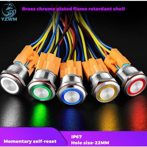 YZWM 22mm Metal Stainless Steel Computer Switch Button Self Reset Ring LED Light Button Switch 12 24 220 V Circular Inching