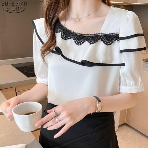 2021 Summer New Chiffon Women Shirt Lace Short Sleeve Solid Color Women Blouse and Tops Fashion Plus Size Female Clothing 14327