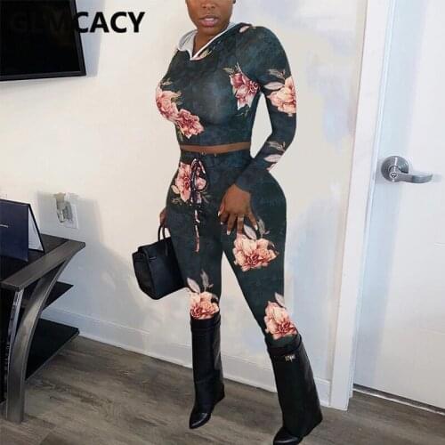 Women Two Piece Floral Printed Tracksuits Long Sleeve Crop Top & Slim Pants Set